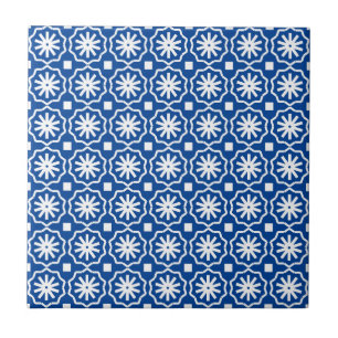 Blue white modern geometric floral pattern ceramic tile