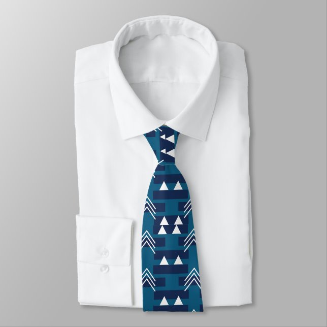 Blue White Modern Geometric Pattern Neck Tie (Tied)