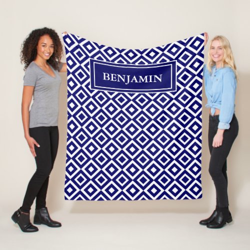 Blue White Modern Geometric Pattern Personalize Fleece Blanket
