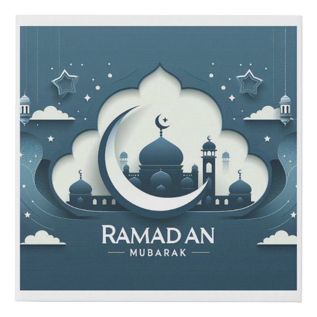 Blue White Modern Ramadan Mubarak Canvas Print (Front)