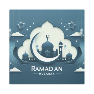 Blue White Modern Ramadan Mubarak Metal Wall Art
