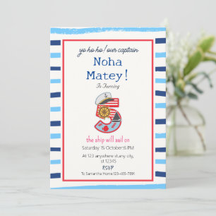 Blue & White Modern Stripes Nautical 5th Birthday Invitation