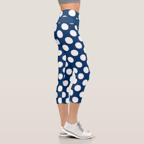 Blue White Modern Trendy Polka Dot Pattern Capri Leggings