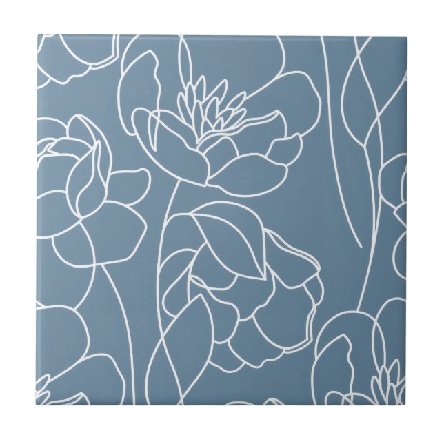 Blue White Modern Wildflower Ceramic Tile (Front)