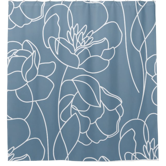 Blue White Modern Wildflower Shower Curtain (Front)