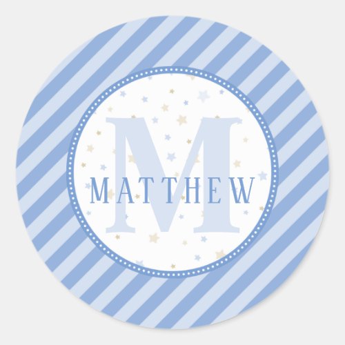 Blue & White Monogram Baby Shower Classic Round Sticker