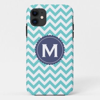 Blue White Monogram Chevron Pattern iPhone 11 Case