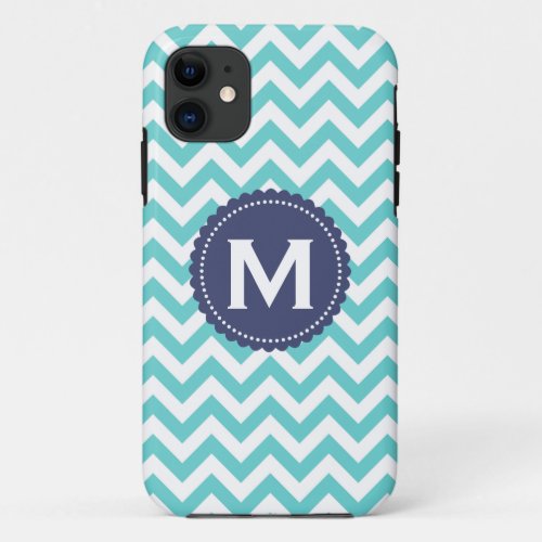 Blue White Monogram Chevron Pattern iPhone 11 Case