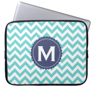 Blue White Monogram Chevron Pattern Laptop Sleeve