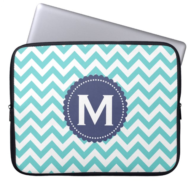 Blue White Monogram Chevron Pattern Laptop Sleeve (Front)