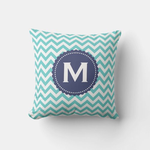 Blue White Monogram Chevron Pattern Throw Pillow