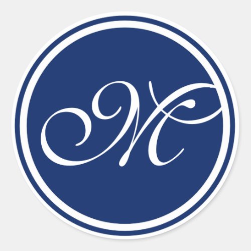 Blue White Monogram Classic Round Sticker