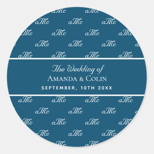 Blue White monogram couple initials wedding Classic Round Sticker