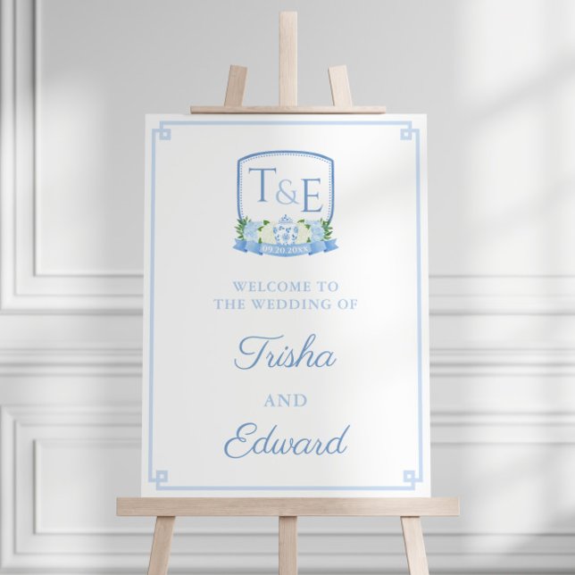 Blue White Monogram Crest Wedding Welcome Sign (Elegant watercolor hydrangeas and ginger jar blue and white wedding welcome sign)