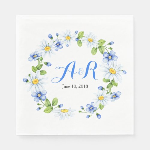 Blue White Monogram Daisy Floral Wedding Paper Napkins