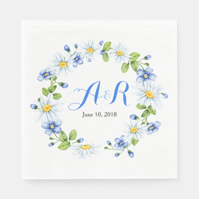 Blue White Monogram Daisy Floral Wedding Paper Napkins (Front)