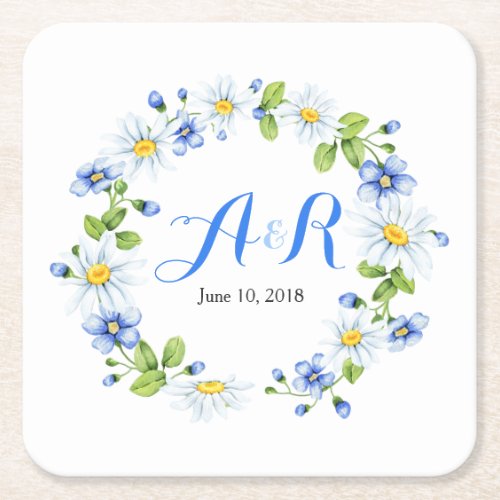 Blue White Monogram Daisy Floral Wedding Square Paper Coaster