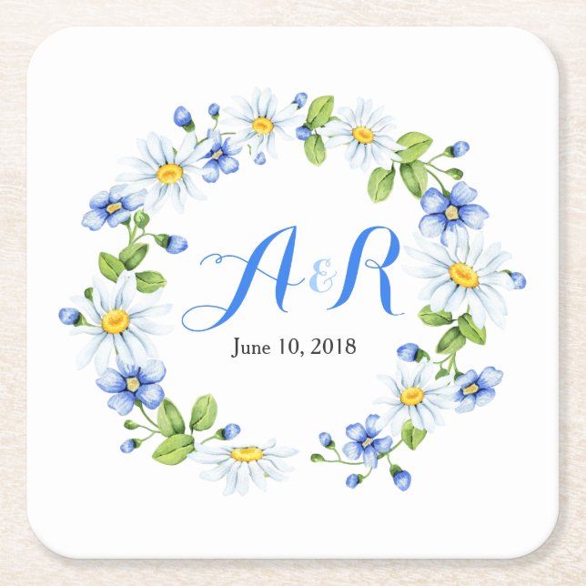 Blue White Monogram Daisy Floral Wedding Square Paper Coaster (Front)