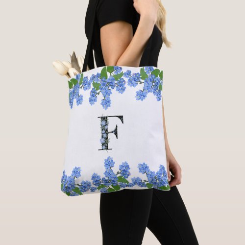 Blue  White Monogram F Floral Tote Bag