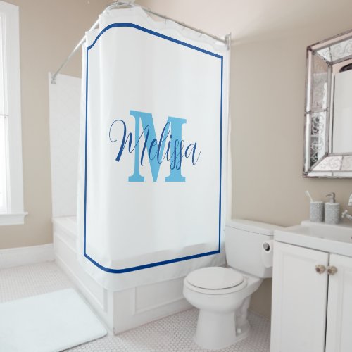 Blue White Monogram Initial Custom Name Elegant Shower Curtain