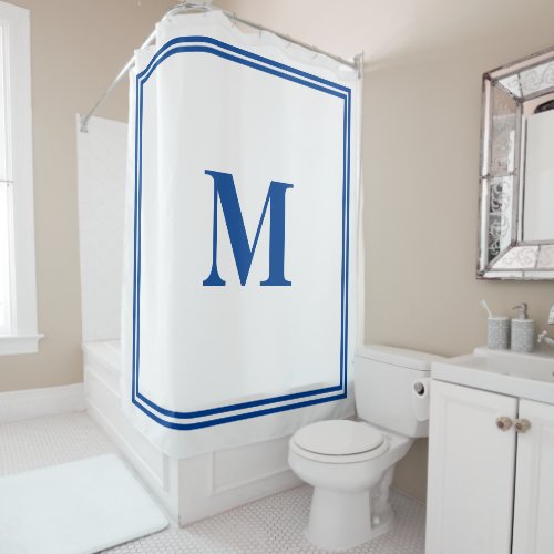 Blue White Monogram Initial Custom Name Elegant Shower Curtain