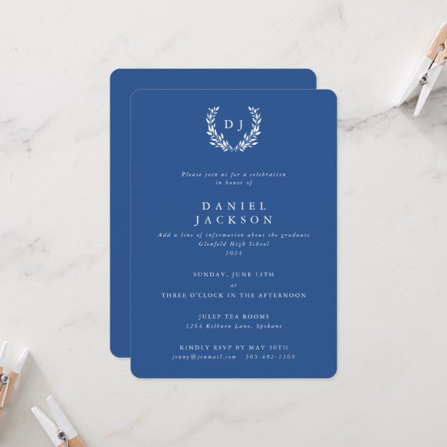 Blue+White Monogram Laurel Wreath Graduation Invitation (Front/Back In Situ)