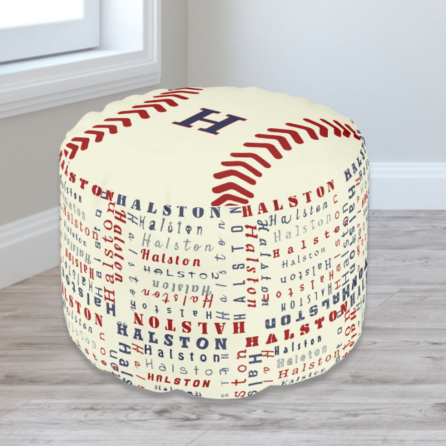 Blue White Monogram Name Kid Bedroom Boys Baseball Pouf