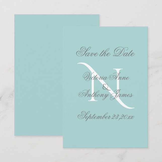 Blue White Monogram Script Wedding Save The Date (Front/Back)