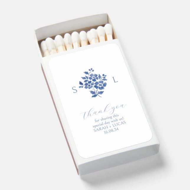 Blue & White Monogram Thank you Wedding  Matchboxes (Front Open)