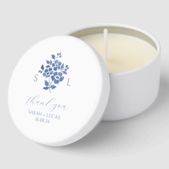 Blue & White Monogram Thank you Wedding  Mini Candle Favors (Corner)