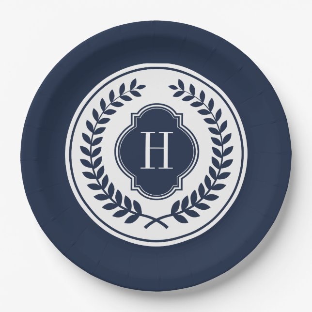 Blue & White Monogramed Wreath Crest Paper Plates (Front)