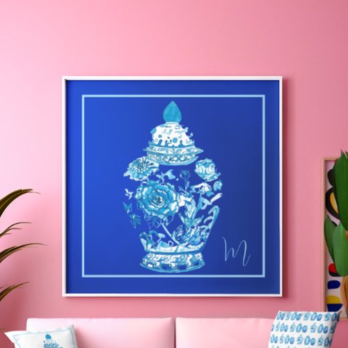 Blue White Monogrammed Elegant Ginger Jar  Poster