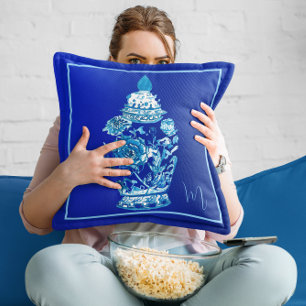 Blue White Monogrammed Elegant Ginger Jar Throw Pillow