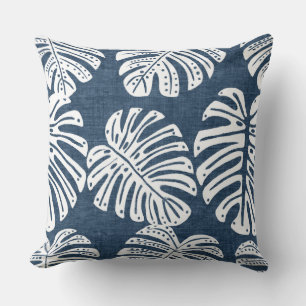 Blue & White Monstera Leaf Throw Pillow