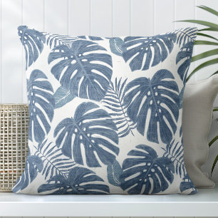 Blue & White Monstera Palm Leaves Throw Pillow