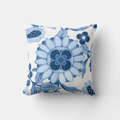 Blue White Moroccan Paisley Modern Leaf Pattern Throw Pillow