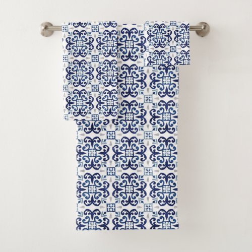 Blue  White Moroccan Tile Pattern Bath Towel Set