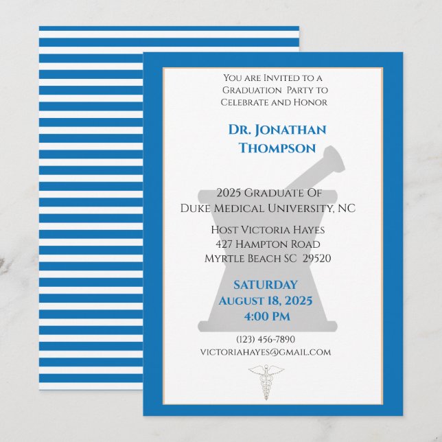 Blue White Mortar Pestle Pharmacy Graduation Invitation (Front/Back)