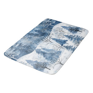 Blue White Mountain Christmas Trees Bath Mat
