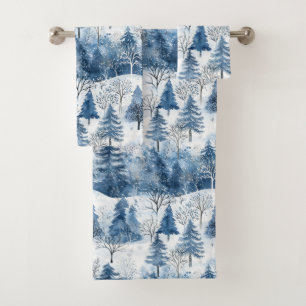 Blue White Mountain Christmas Trees Bath Towel Set