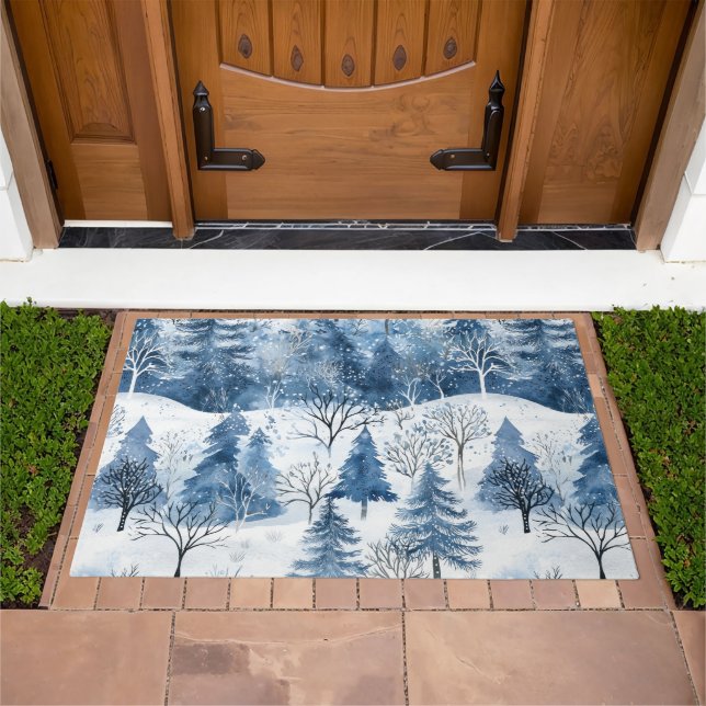 Blue White Mountain Christmas Trees Doormat (Outdoor)