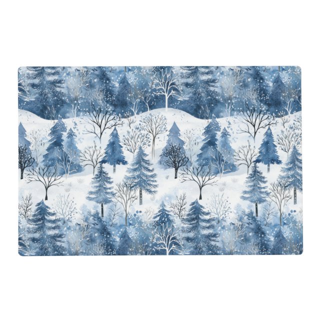 Blue White Mountain Christmas Trees Placemat (Front)