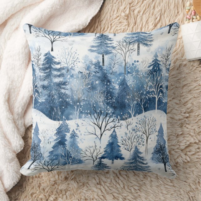 Blue White Mountain Christmas Trees Throw Pillow (Blanket)
