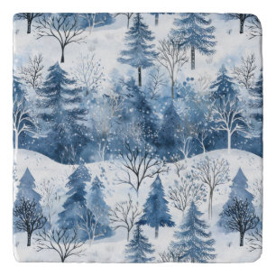 Blue White Mountain Christmas Trees Trivet