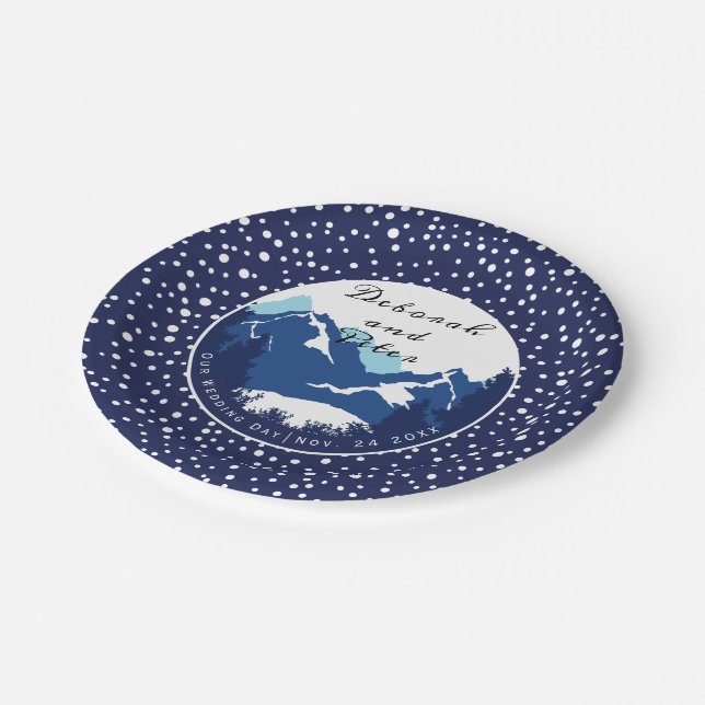 Blue, white mountains and conifer trees wedding paper plates (Angled)