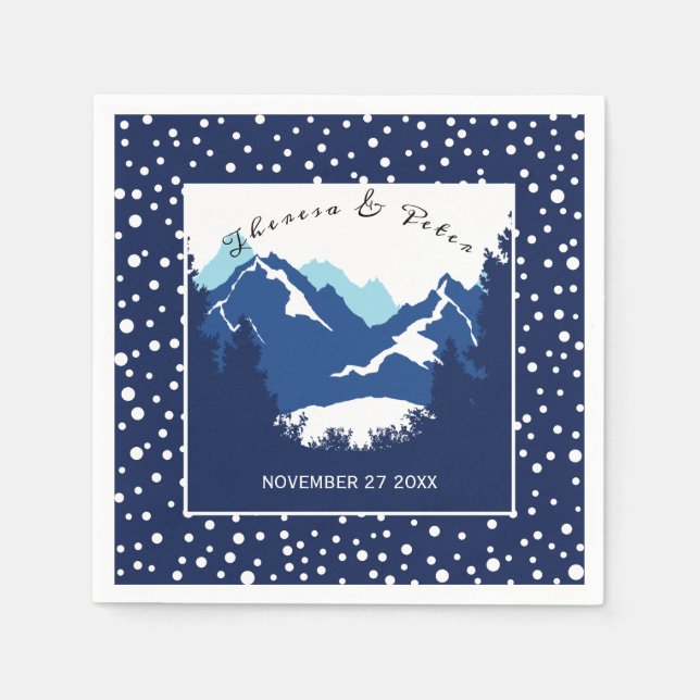 Blue, white mountains and polka dots wedding paper napkins (Front)