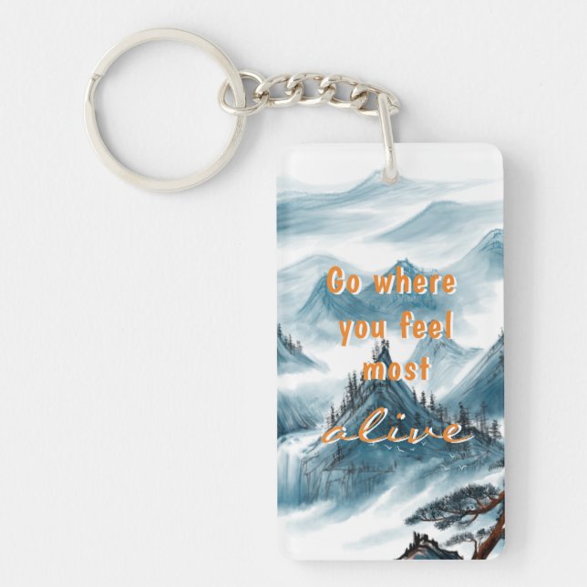 Blue White Mountains Nature Lovers Zen Quote Keychain (Front)