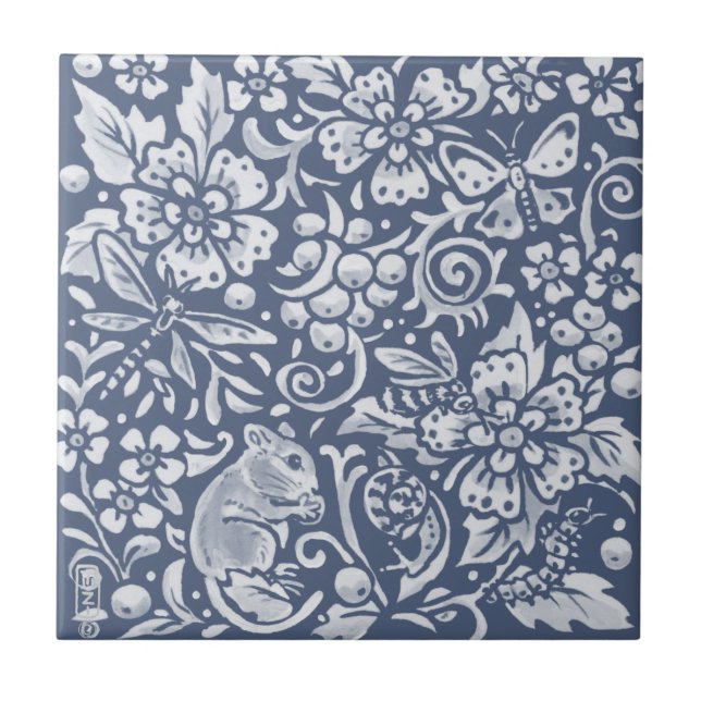 Blue White Mouse Woodland Forest Animal Ornate Ceramic Tile (Front)