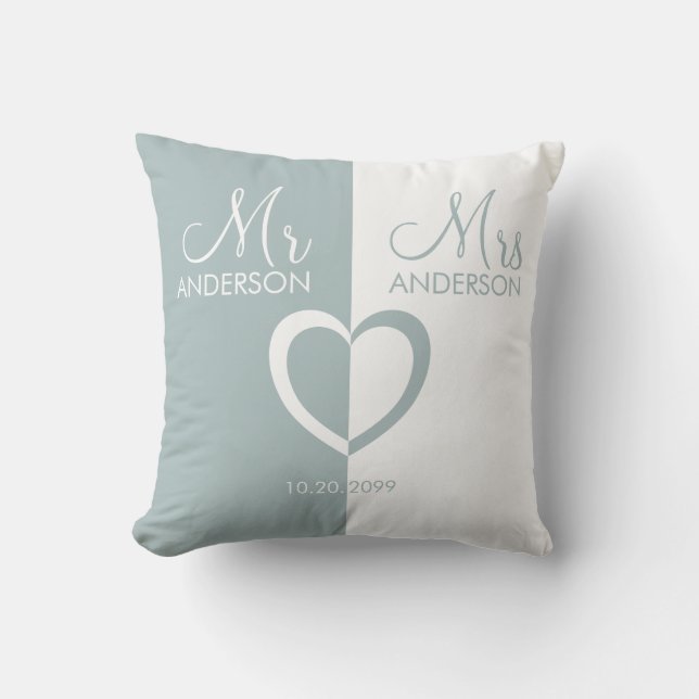 Blue white Mr Mrs name heart wedding gift Throw Pillow (Front)