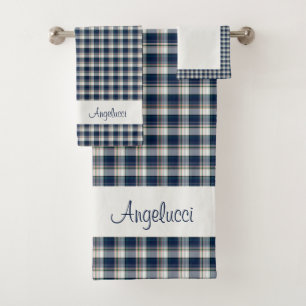 Blue, White, Multi Thread Plaid Bath Towel Set